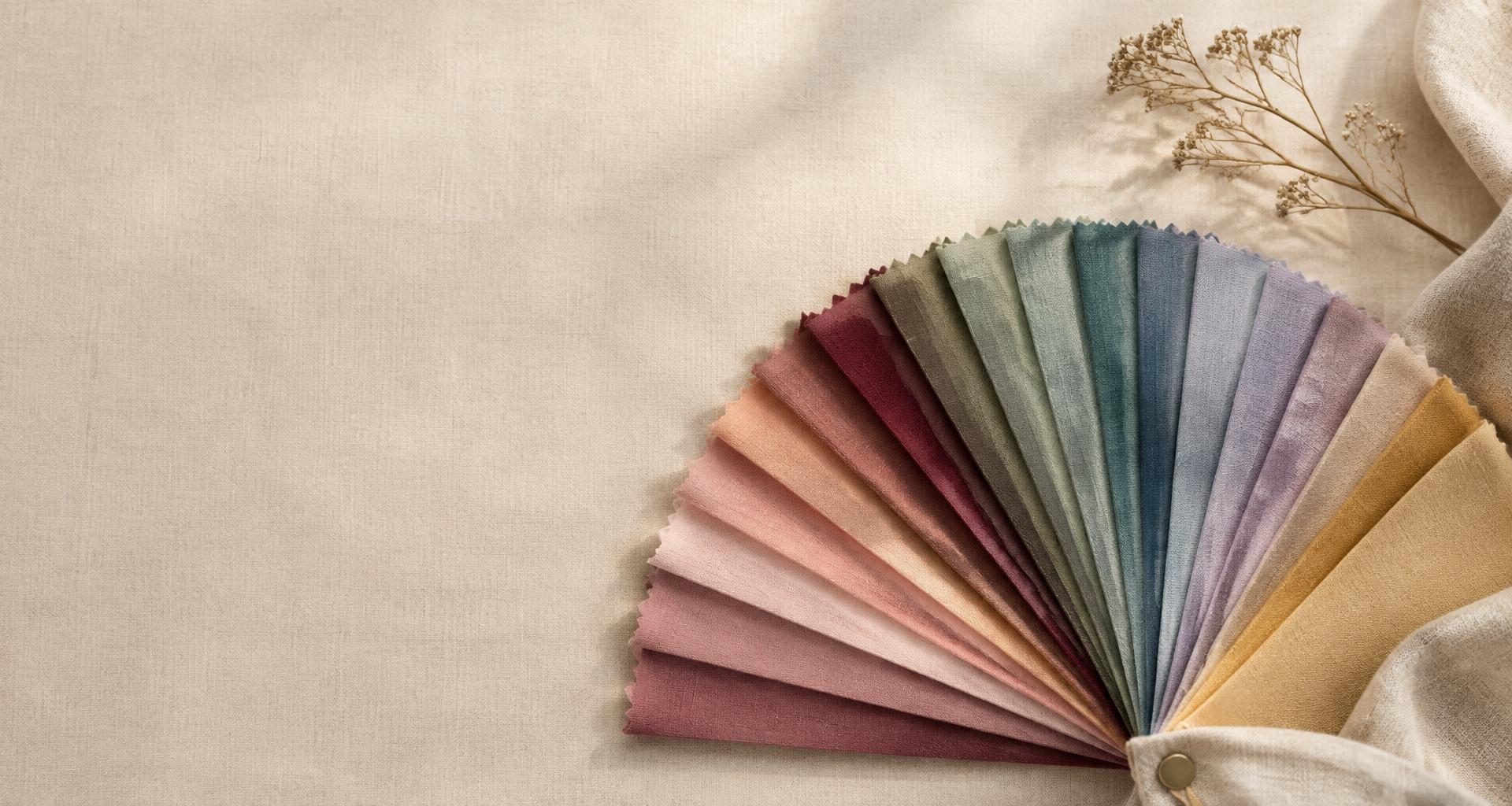 An arc of personal color analysis fabric swatches on natural linen